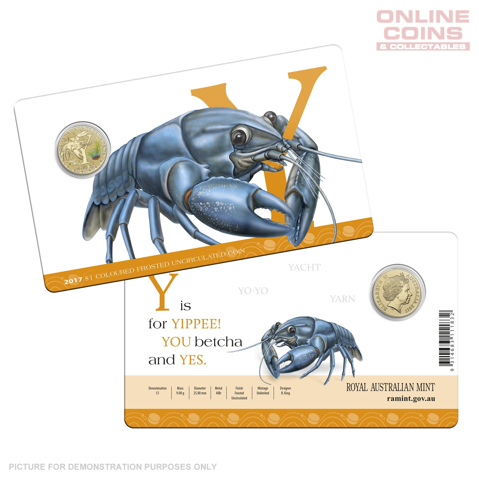 2017 $1 Coloured Alphabet Frosted Uncirculated Coin In Card - Y For Yabby
